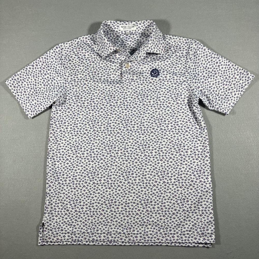 Peter Millar Summer Comfort Golf Polo Shirt Boys M White Navy Angler Fish Print